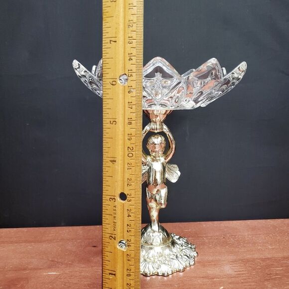 Vintage Compote Silver And Glass Cherub Angel Candy Pedestal Stand Dish - Picture 7 of 8